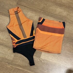 Fashion Nova Orange and Black Skirt Set